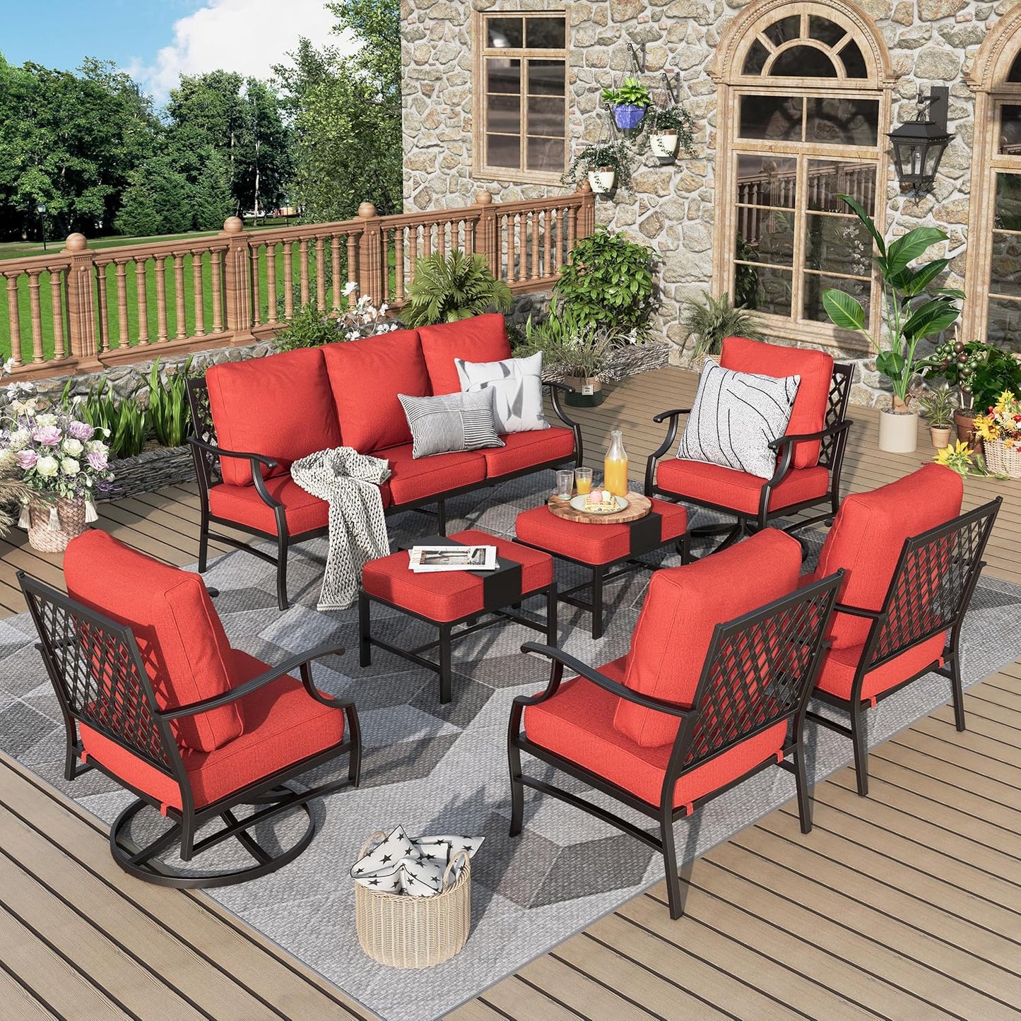 Patio Furniture Set 7 pcs, Outdoor Patio Furniture, 3-Seat Sofa, 2 Single Chairs, 2 Rocking Chairs, 2 Ottomans and 5.75" Extra Thick Cushion, Patio Conversation Set for Backyard Deck,Beige