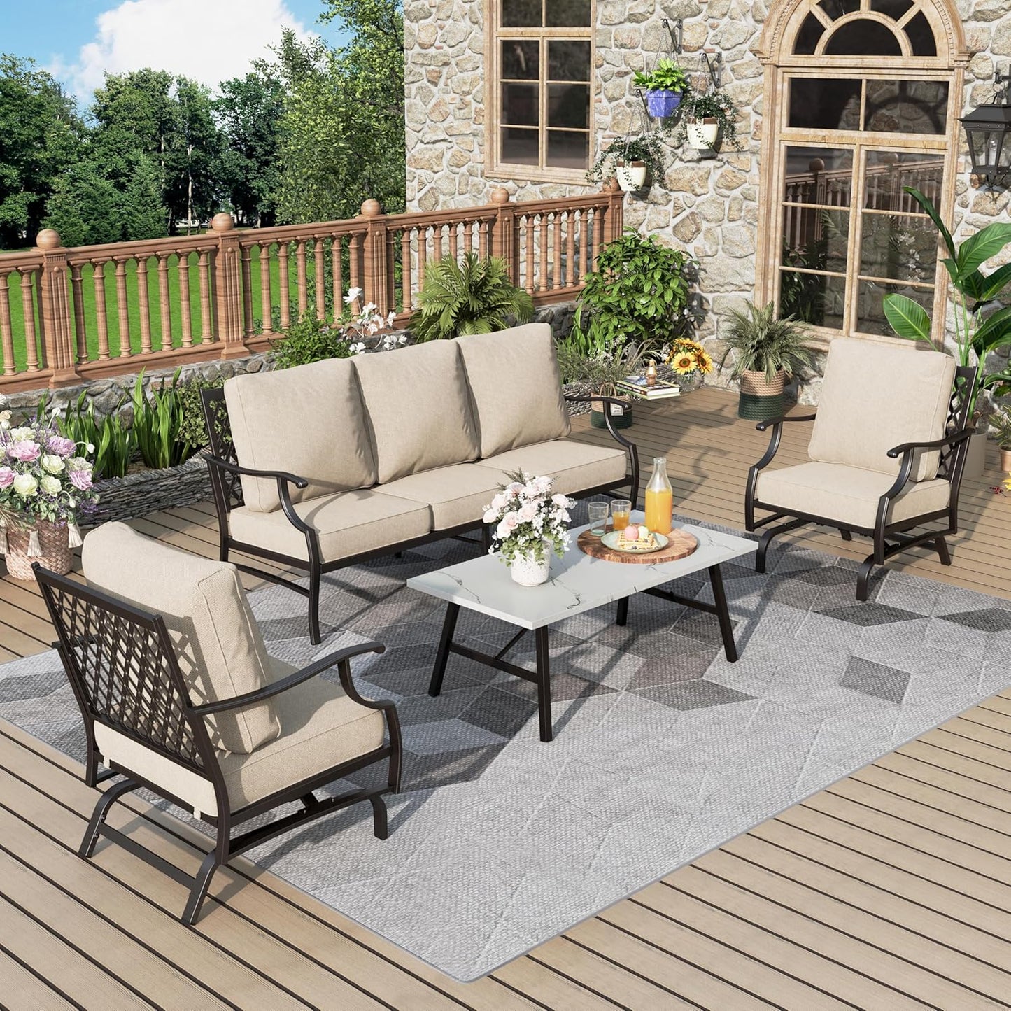 Patio Furniture Set 6 pcs, Outdoor Patio Furniture, 1 X 3-Seat Sofa, 2 X Single Chairs, 2 X Swivel Chairs, 1 X Coffee Table and 5.75" Extra Thick Cushion, Patio Conversation Set,Gemstone Blue