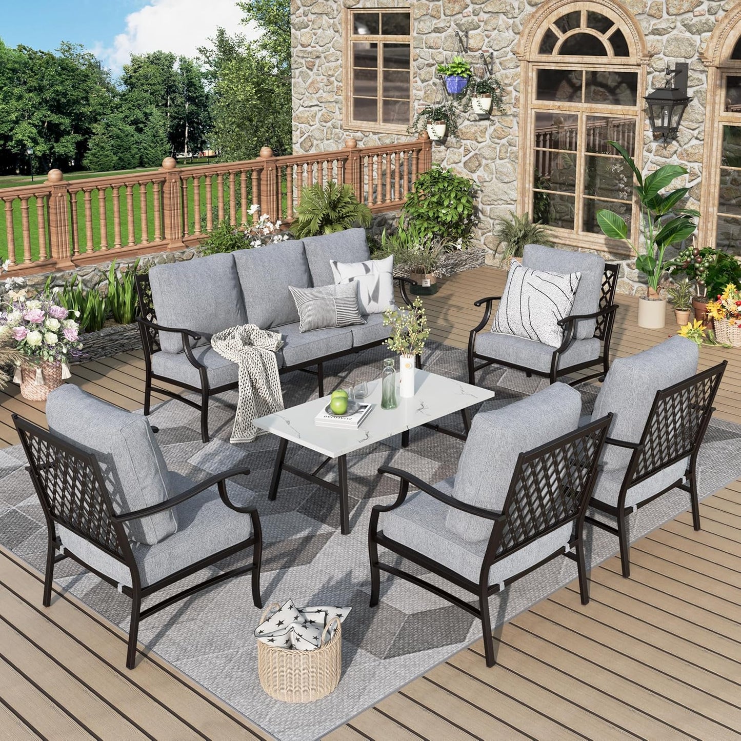 Patio Furniture Set 6 pcs, Outdoor Patio Furniture, 1 X 3-Seat Sofa, 2 X Single Chairs, 2 X Swivel Chairs, 1 X Coffee Table and 5.75" Extra Thick Cushion, Patio Conversation Set,Gemstone Blue