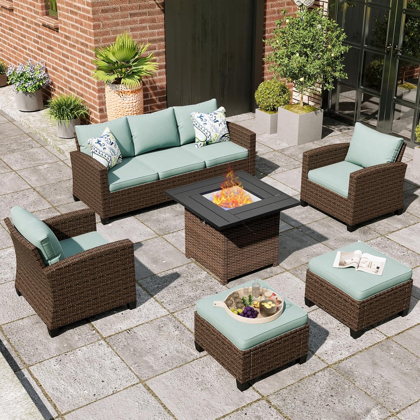 Swivel Glider Patio Furniture Set, 8 Pcs Wicker Rattan Outdoor Conversation Set, 2 x Swivel Chairs, 2 x Leg Chairs, 1 x 3 Seater Sofa and 2 x Ottomans and 56" Fire Pit Table, Blue