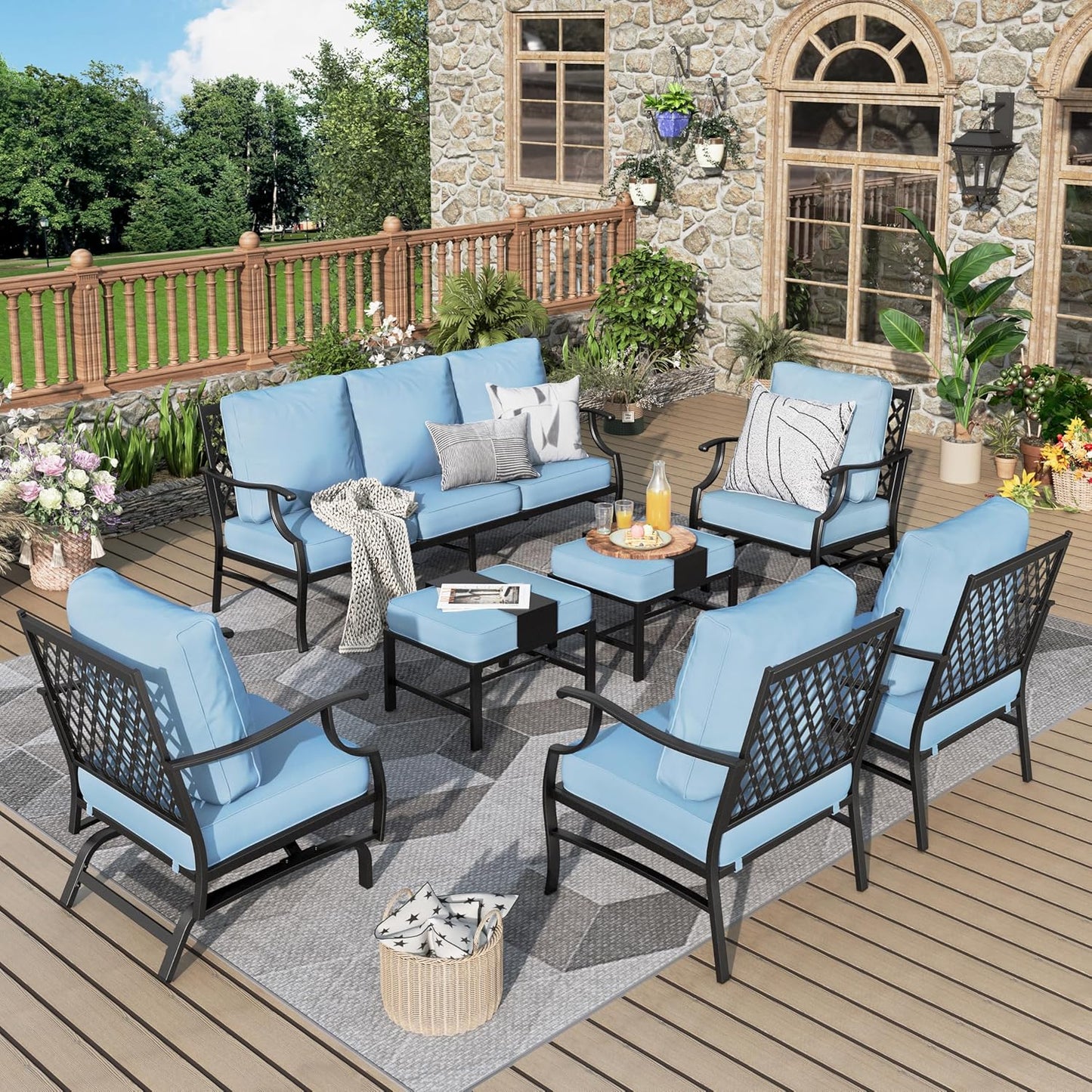 Patio Furniture Set 7 pcs, Outdoor Patio Furniture, 3-Seat Sofa, 2 Single Chairs, 2 Rocking Chairs, 2 Ottomans and 5.75" Extra Thick Cushion, Patio Conversation Set for Backyard Deck,Beige