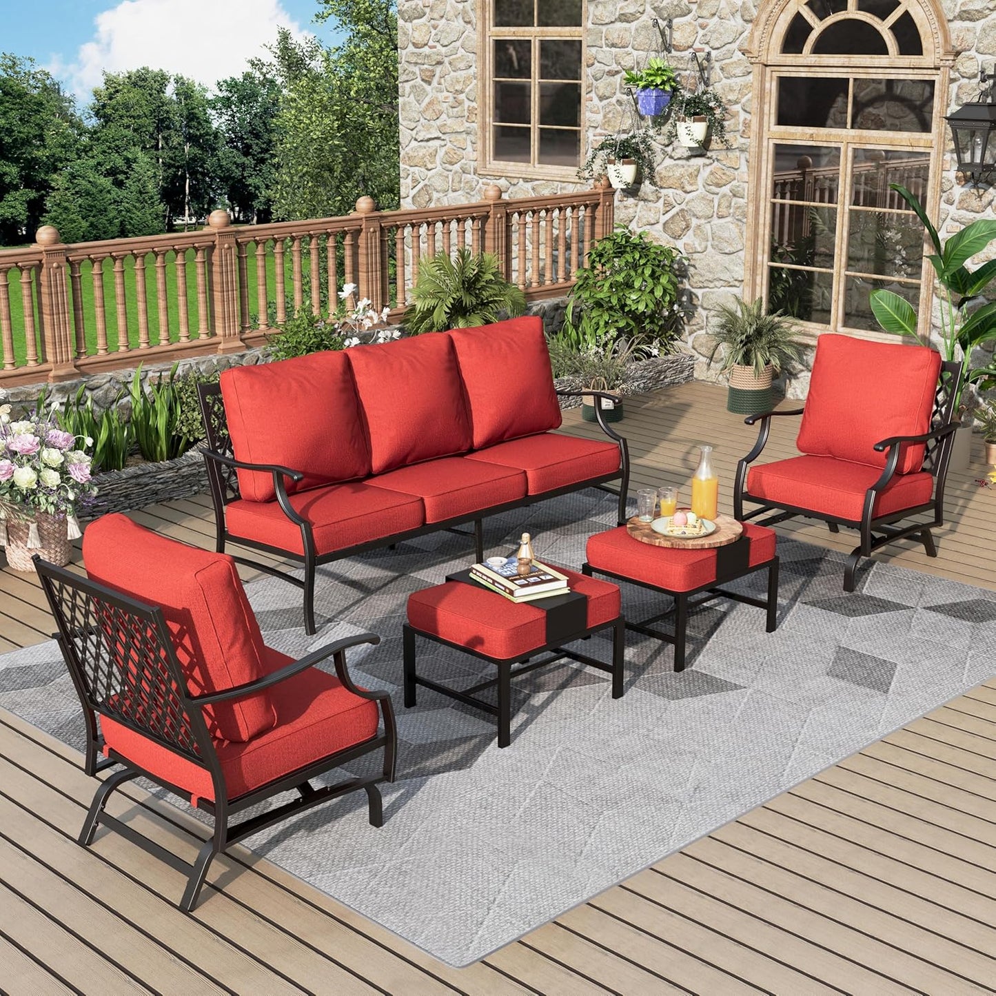 Patio Furniture Set 7 pcs, Outdoor Patio Furniture, 3-Seat Sofa, 2 Single Chairs, 2 Rocking Chairs, 2 Ottomans and 5.75" Extra Thick Cushion, Patio Conversation Set for Backyard Deck,Beige