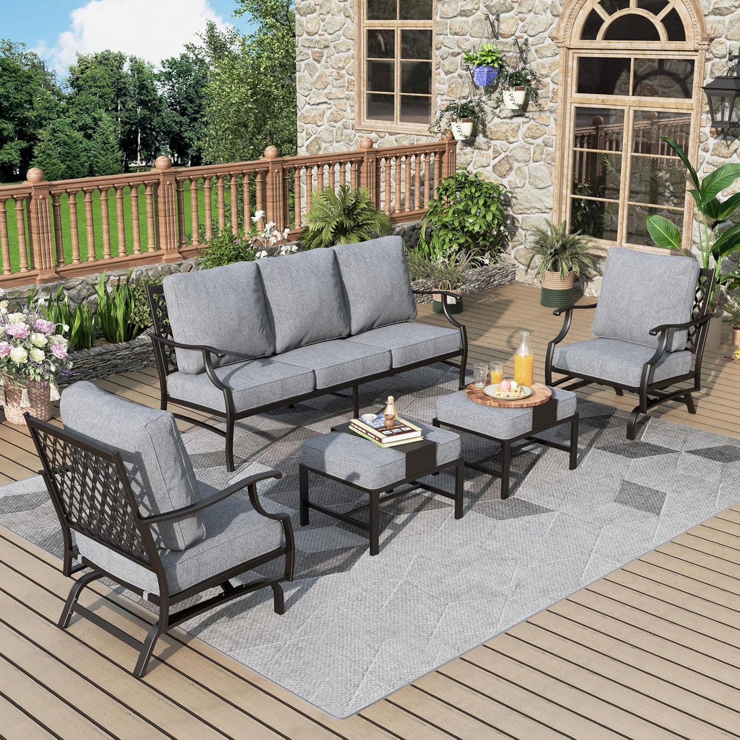 Patio Furniture Set 7 pcs, Outdoor Patio Furniture, 3-Seat Sofa, 2 Single Chairs, 2 Rocking Chairs, 2 Ottomans and 5.75" Extra Thick Cushion, Patio Conversation Set for Backyard Deck,Beige