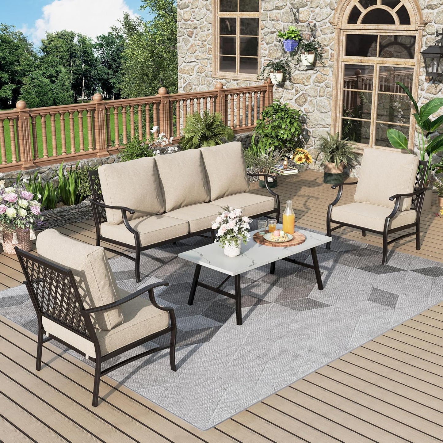 Patio Furniture Set 6 pcs, Outdoor Patio Furniture, 1 X 3-Seat Sofa, 2 X Single Chairs, 2 X Swivel Chairs, 1 X Coffee Table and 5.75" Extra Thick Cushion, Patio Conversation Set,Gemstone Blue