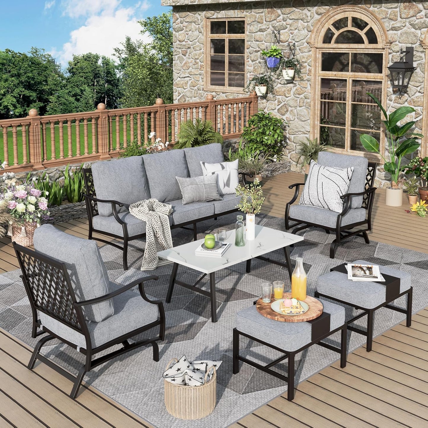 Patio Furniture Set 6 pcs, Outdoor Patio Furniture, 1 X 3-Seat Sofa, 2 X Single Chairs, 2 X Swivel Chairs, 1 X Coffee Table and 5.75" Extra Thick Cushion, Patio Conversation Set,Gemstone Blue