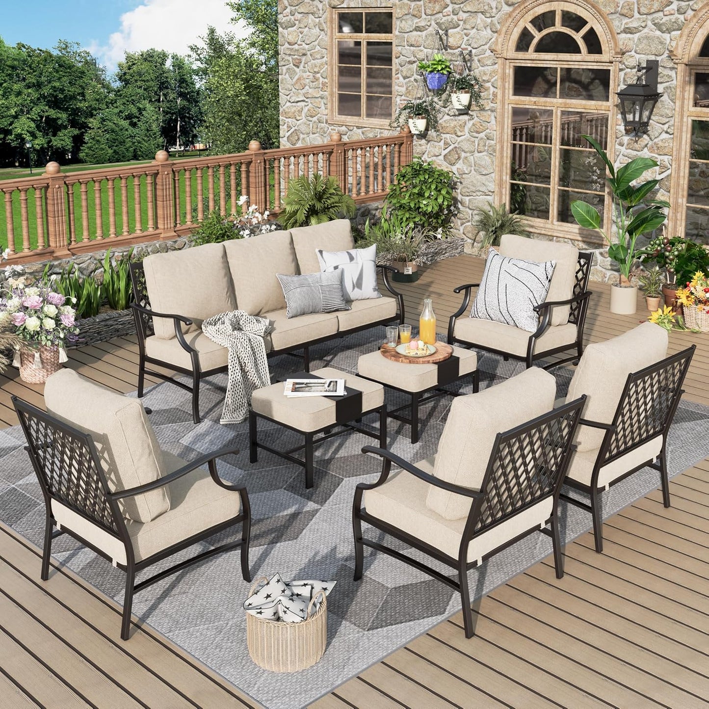 Patio Furniture Set 7 pcs, Outdoor Patio Furniture, 3-Seat Sofa, 2 Single Chairs, 2 Rocking Chairs, 2 Ottomans and 5.75" Extra Thick Cushion, Patio Conversation Set for Backyard Deck,Beige