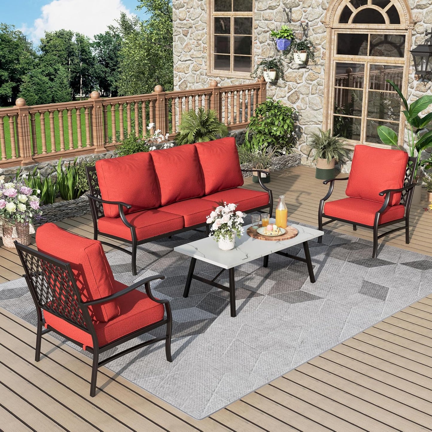 Patio Furniture Set 6 pcs, Outdoor Patio Furniture, 1 X 3-Seat Sofa, 2 X Single Chairs, 2 X Swivel Chairs, 1 X Coffee Table and 5.75" Extra Thick Cushion, Patio Conversation Set,Gemstone Blue