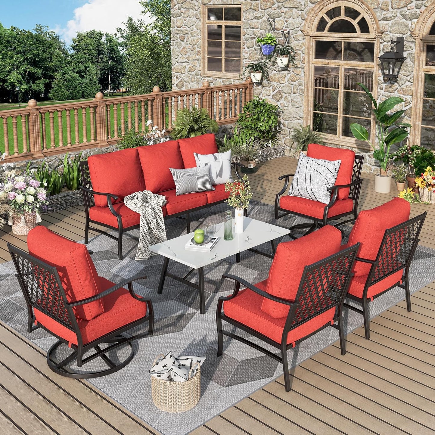 Patio Furniture Set 6 pcs, Outdoor Patio Furniture, 1 X 3-Seat Sofa, 2 X Single Chairs, 2 X Swivel Chairs, 1 X Coffee Table and 5.75" Extra Thick Cushion, Patio Conversation Set,Gemstone Blue