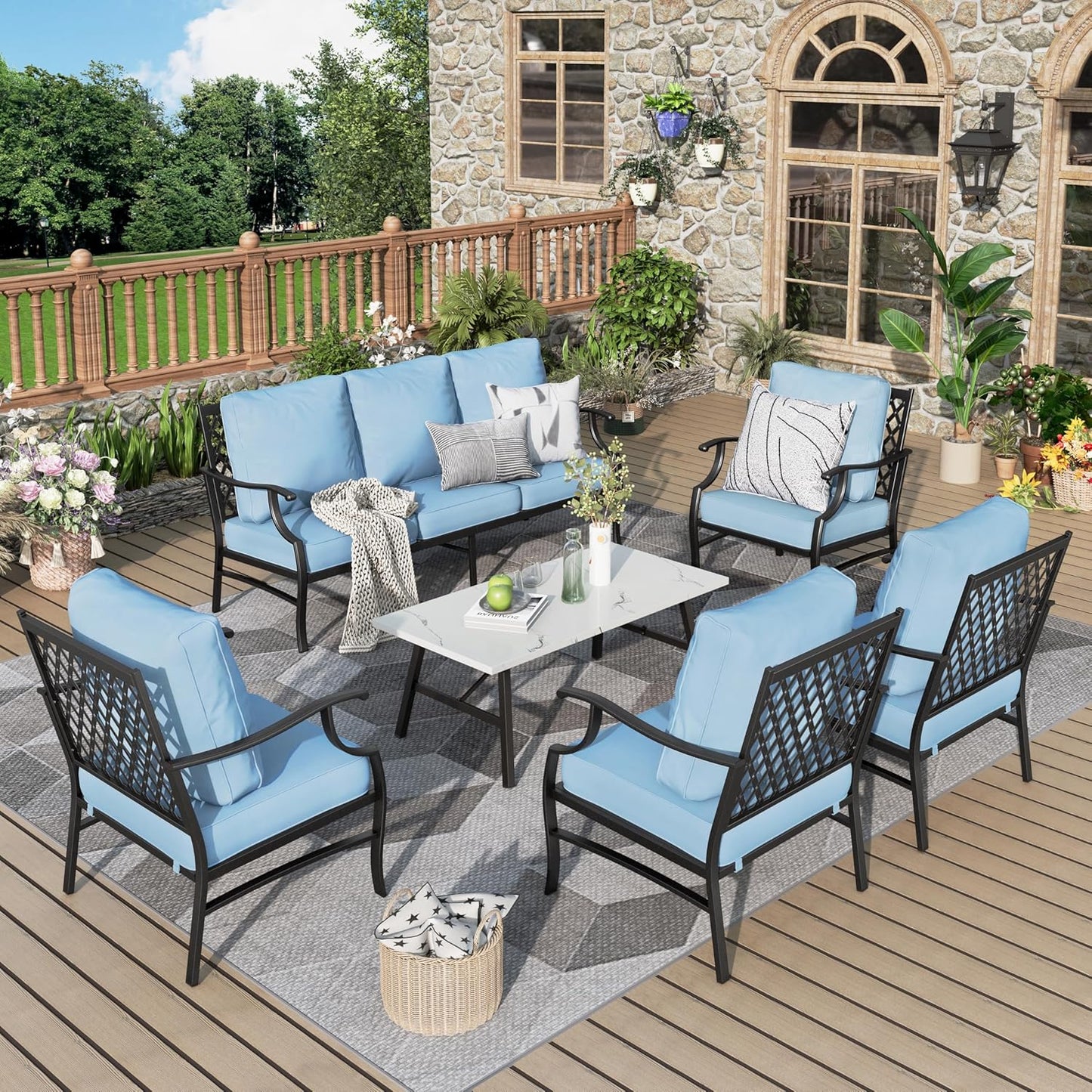 Patio Furniture Set 6 pcs, Outdoor Patio Furniture, 1 X 3-Seat Sofa, 2 X Single Chairs, 2 X Swivel Chairs, 1 X Coffee Table and 5.75" Extra Thick Cushion, Patio Conversation Set,Gemstone Blue