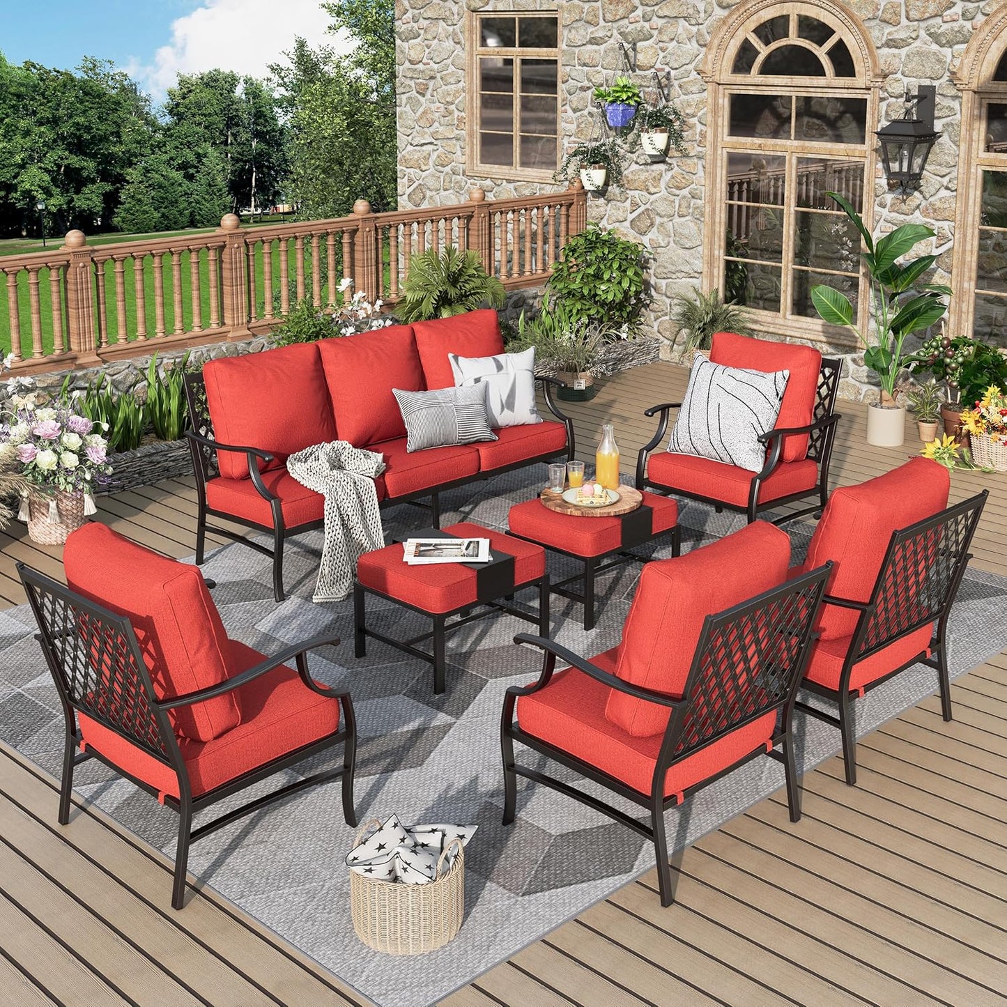 Patio Furniture Set 7 pcs, Outdoor Patio Furniture, 3-Seat Sofa, 2 Single Chairs, 2 Rocking Chairs, 2 Ottomans and 5.75" Extra Thick Cushion, Patio Conversation Set for Backyard Deck,Beige