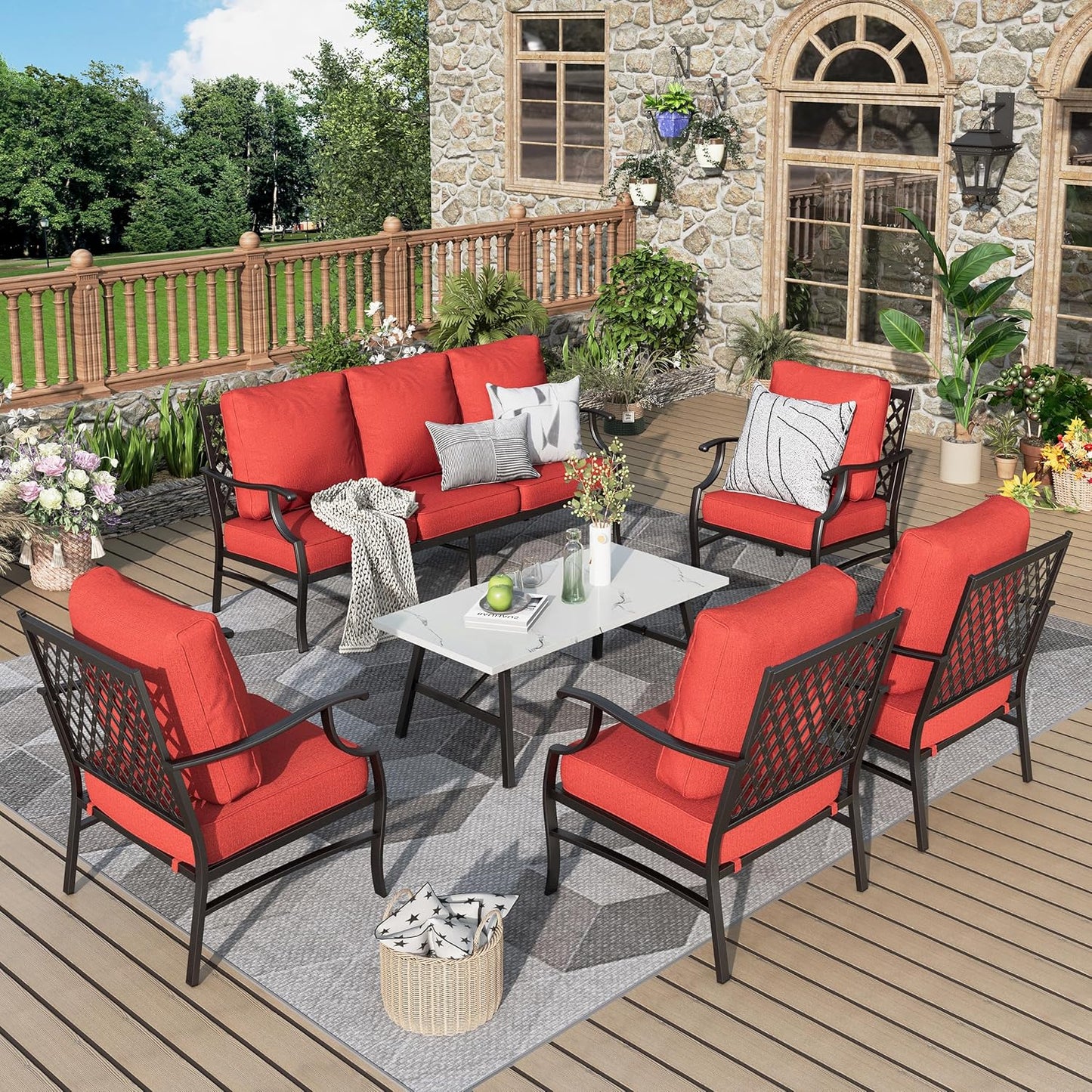 Patio Furniture Set 6 pcs, Outdoor Patio Furniture, 1 X 3-Seat Sofa, 2 X Single Chairs, 2 X Swivel Chairs, 1 X Coffee Table and 5.75" Extra Thick Cushion, Patio Conversation Set,Gemstone Blue