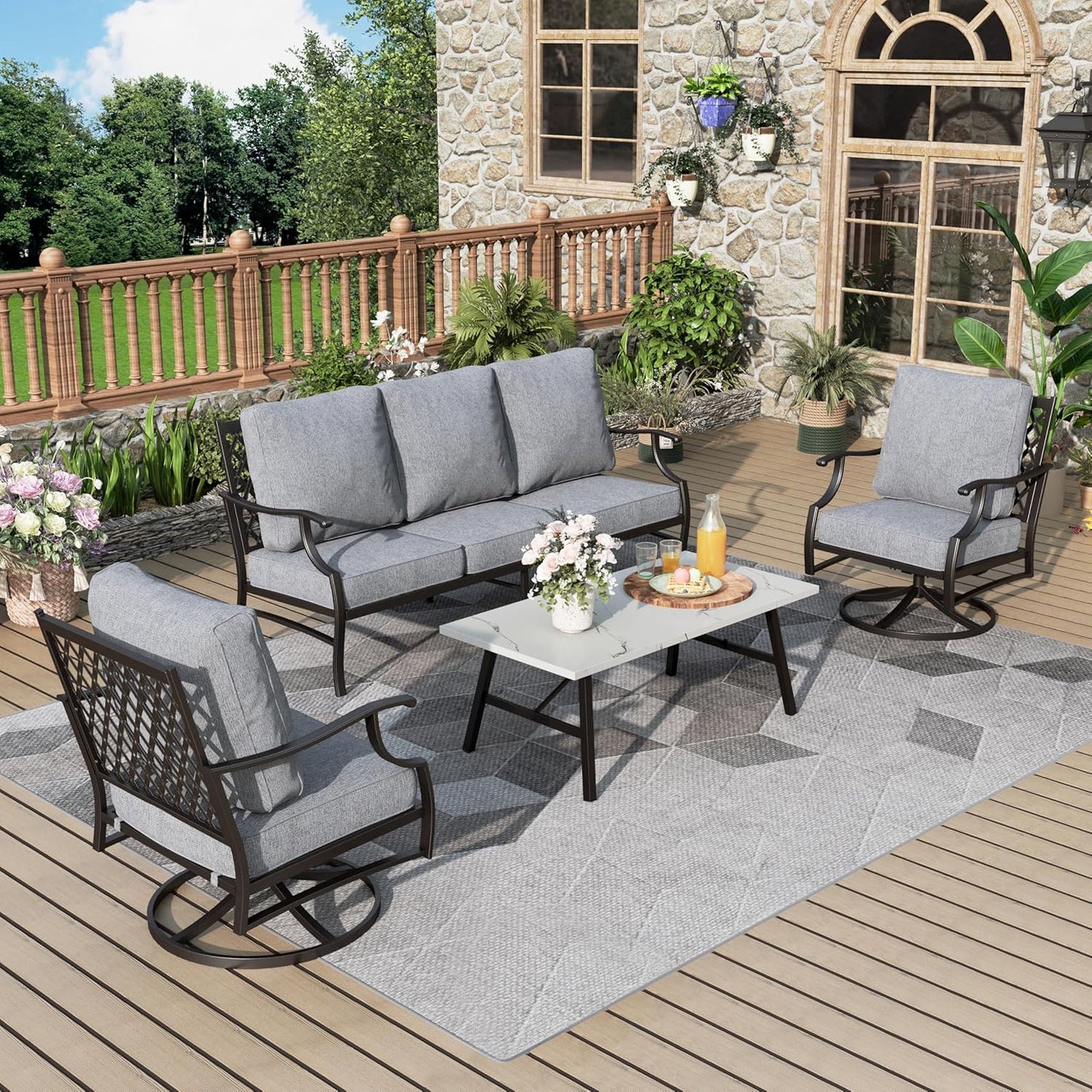 Patio Furniture Set 6 pcs, Outdoor Patio Furniture, 1 X 3-Seat Sofa, 2 X Single Chairs, 2 X Swivel Chairs, 1 X Coffee Table and 5.75" Extra Thick Cushion, Patio Conversation Set,Gemstone Blue