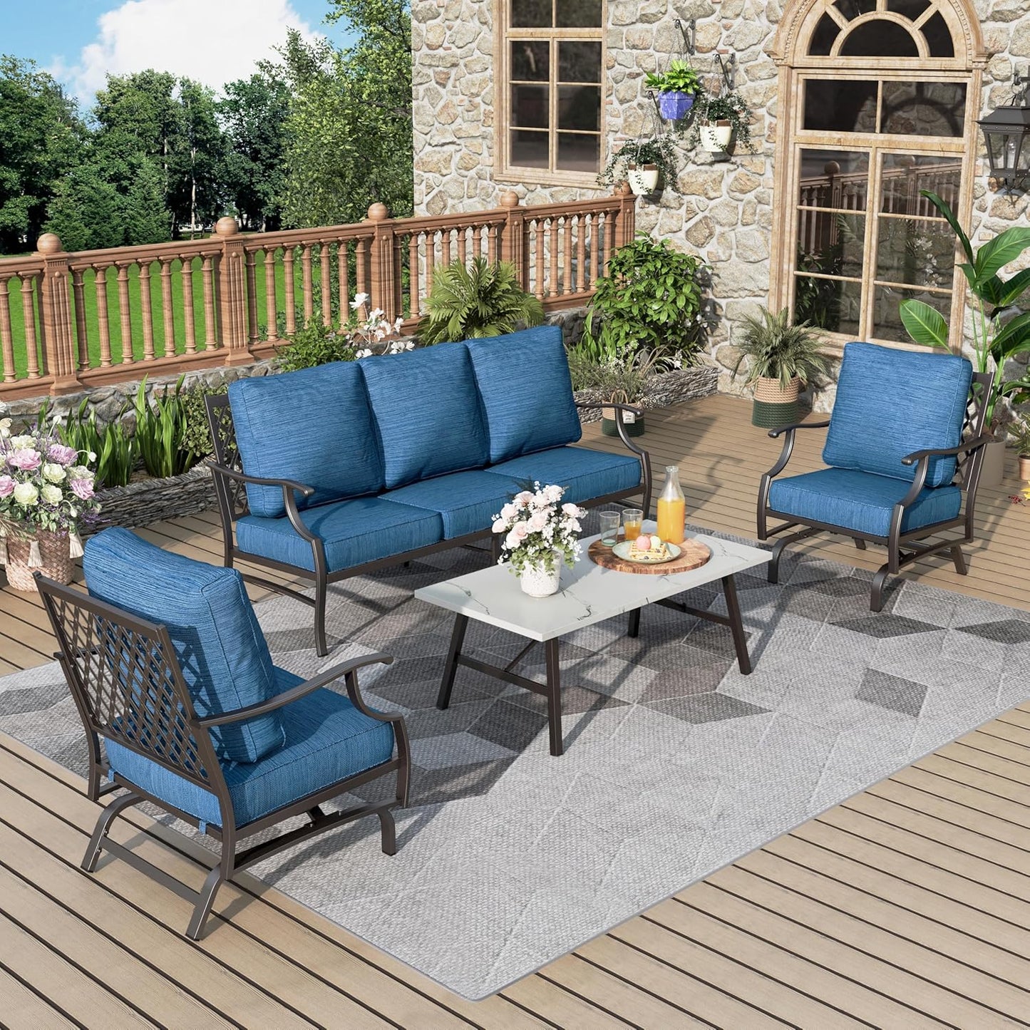 Patio Furniture Set 6 pcs, Outdoor Patio Furniture, 1 X 3-Seat Sofa, 2 X Single Chairs, 2 X Swivel Chairs, 1 X Coffee Table and 5.75" Extra Thick Cushion, Patio Conversation Set,Gemstone Blue