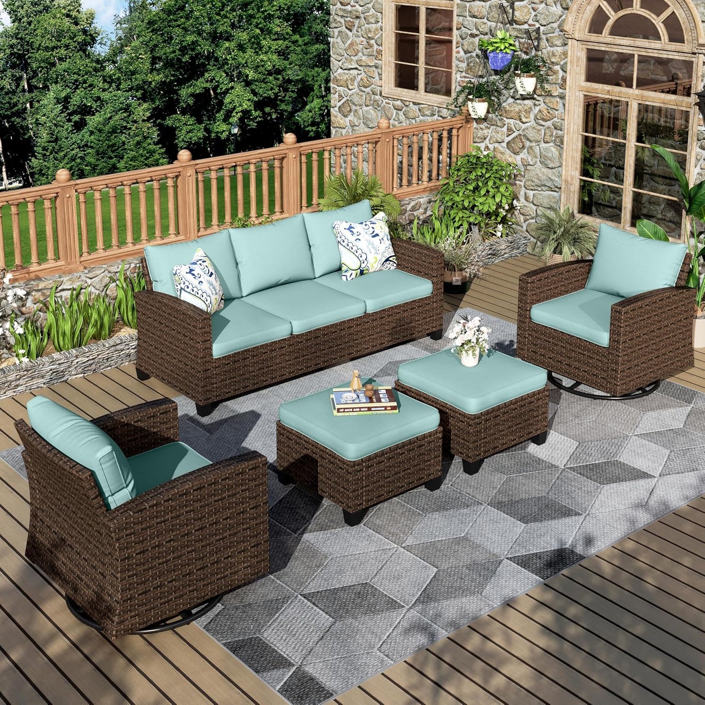 Swivel Glider Patio Furniture Set, 8 Pcs Wicker Rattan Outdoor Conversation Set, 2 x Swivel Chairs, 2 x Leg Chairs, 1 x 3 Seater Sofa and 2 x Ottomans and 56" Fire Pit Table, Blue