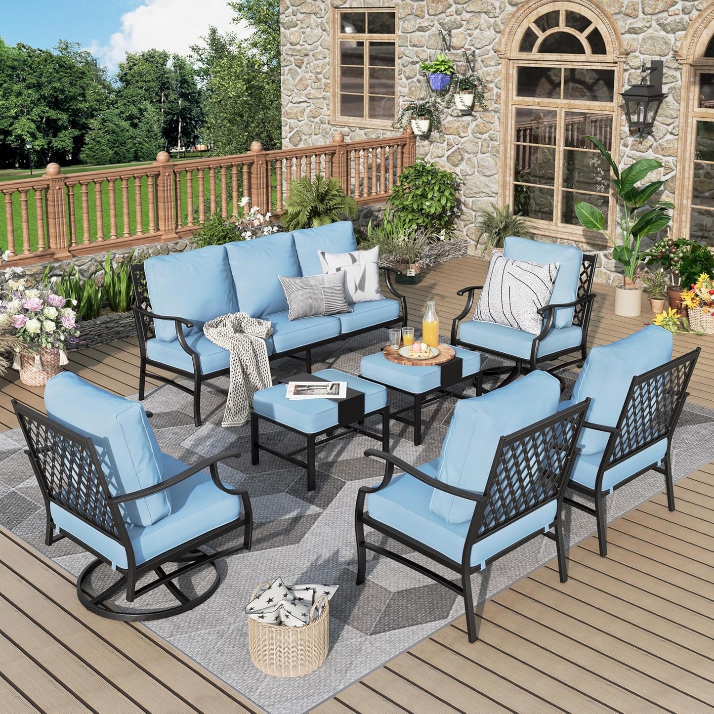 Patio Furniture Set 7 pcs, Outdoor Patio Furniture, 3-Seat Sofa, 2 Single Chairs, 2 Rocking Chairs, 2 Ottomans and 5.75" Extra Thick Cushion, Patio Conversation Set for Backyard Deck,Beige