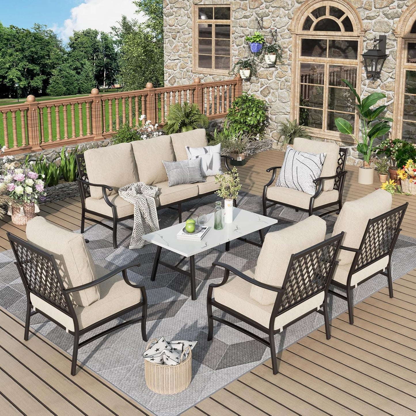 Patio Furniture Set 6 pcs, Outdoor Patio Furniture, 1 X 3-Seat Sofa, 2 X Single Chairs, 2 X Swivel Chairs, 1 X Coffee Table and 5.75" Extra Thick Cushion, Patio Conversation Set,Gemstone Blue