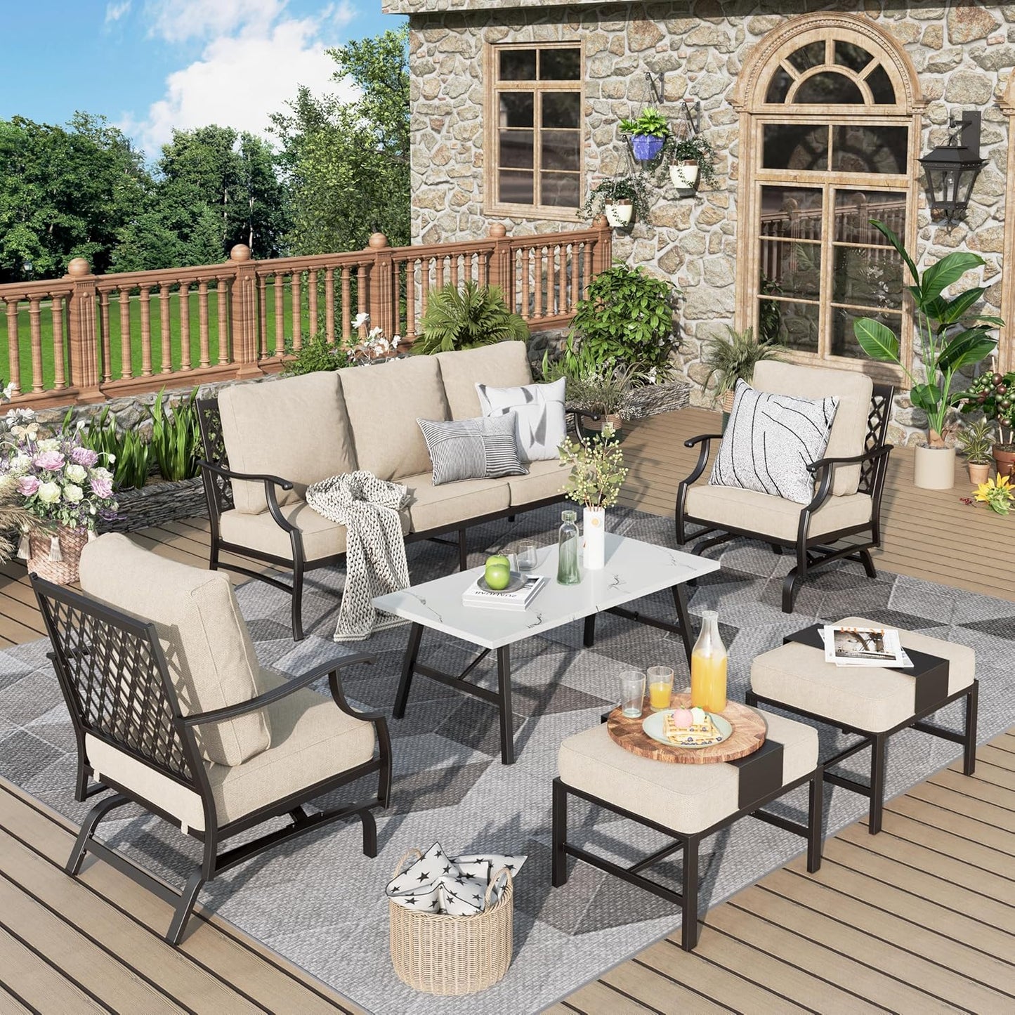 Patio Furniture Set 6 pcs, Outdoor Patio Furniture, 1 X 3-Seat Sofa, 2 X Single Chairs, 2 X Swivel Chairs, 1 X Coffee Table and 5.75" Extra Thick Cushion, Patio Conversation Set,Gemstone Blue