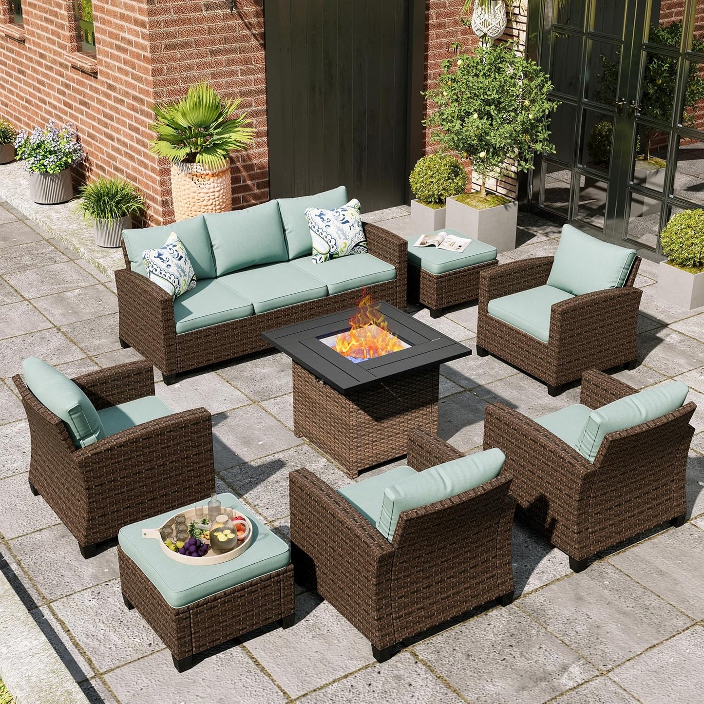 Swivel Glider Patio Furniture Set, 8 Pcs Wicker Rattan Outdoor Conversation Set, 2 x Swivel Chairs, 2 x Leg Chairs, 1 x 3 Seater Sofa and 2 x Ottomans and 56" Fire Pit Table, Blue