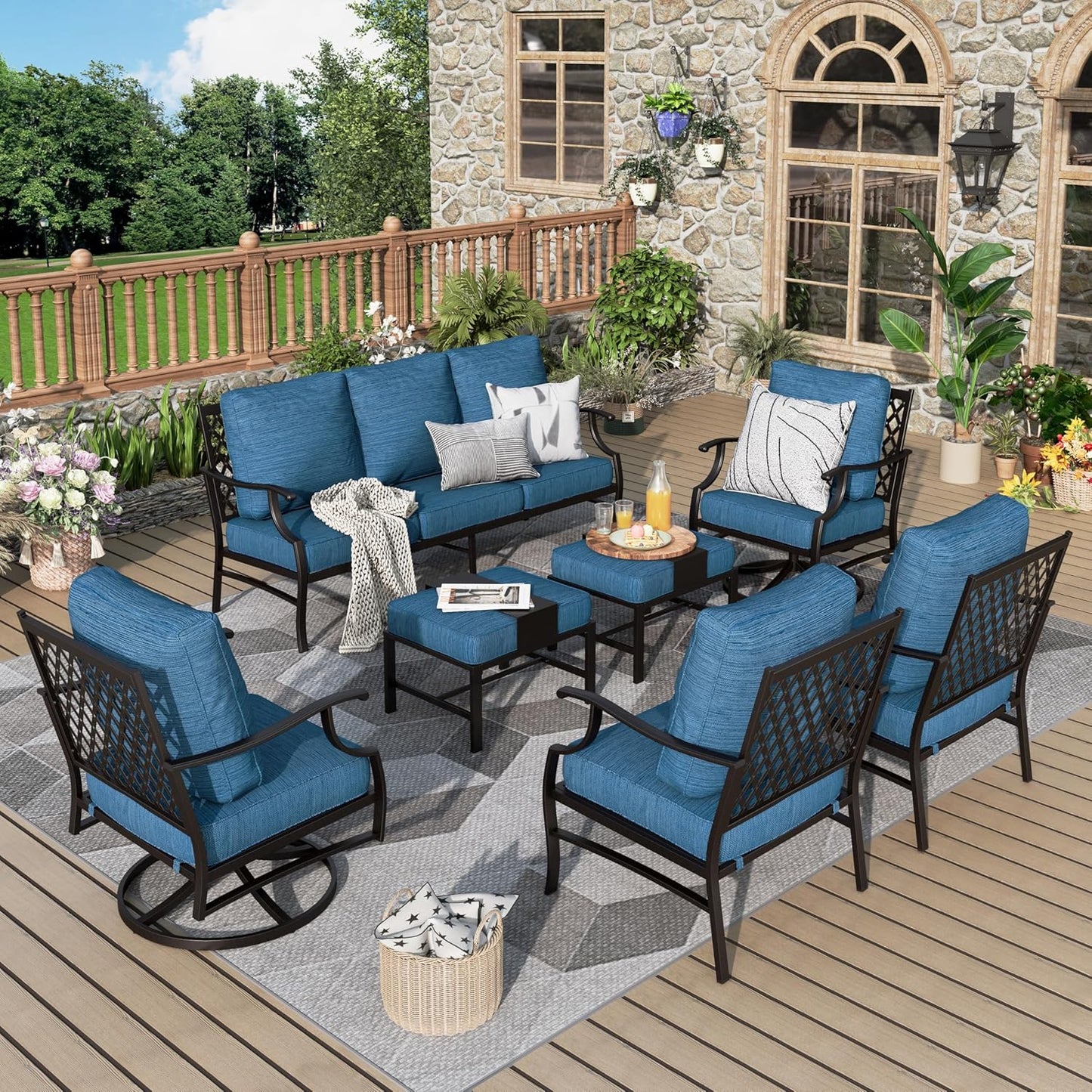 Patio Furniture Set 7 pcs, Outdoor Patio Furniture, 3-Seat Sofa, 2 Single Chairs, 2 Rocking Chairs, 2 Ottomans and 5.75" Extra Thick Cushion, Patio Conversation Set for Backyard Deck,Beige